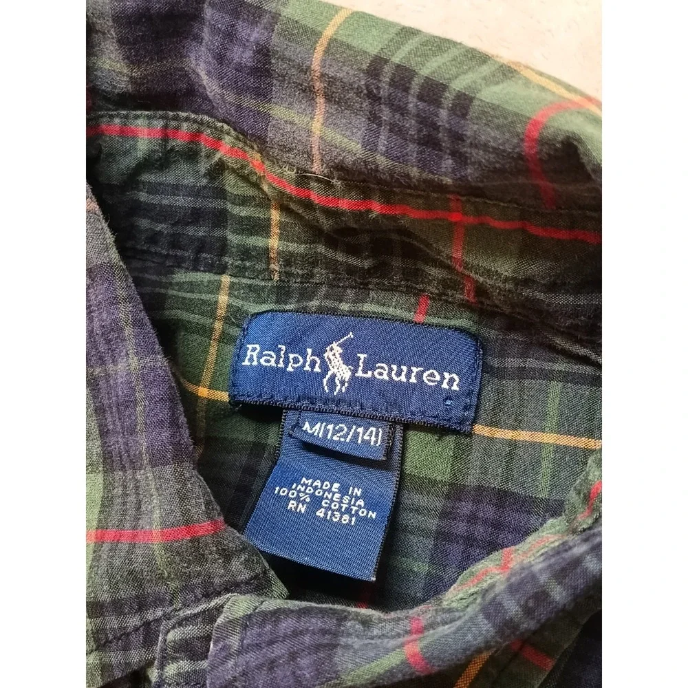 Ralph Lauren Boys Button Down Shirt Size M (12/14) Green Blue Red Plaid Cotton